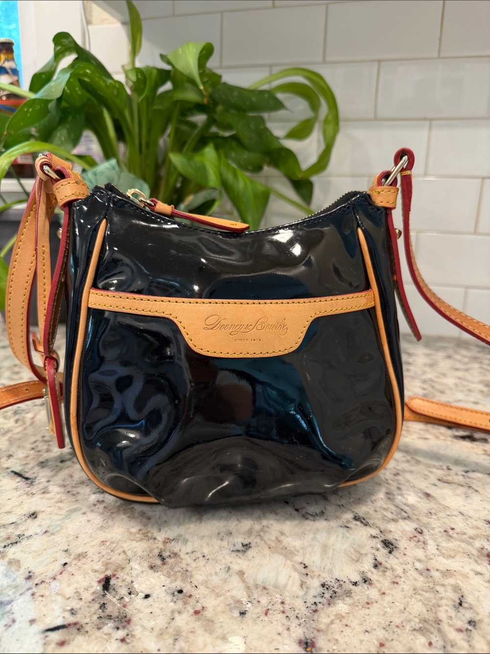 Dooney & Bourke Black Patent Crossbody with Tan Trim - Picture 14 of 15